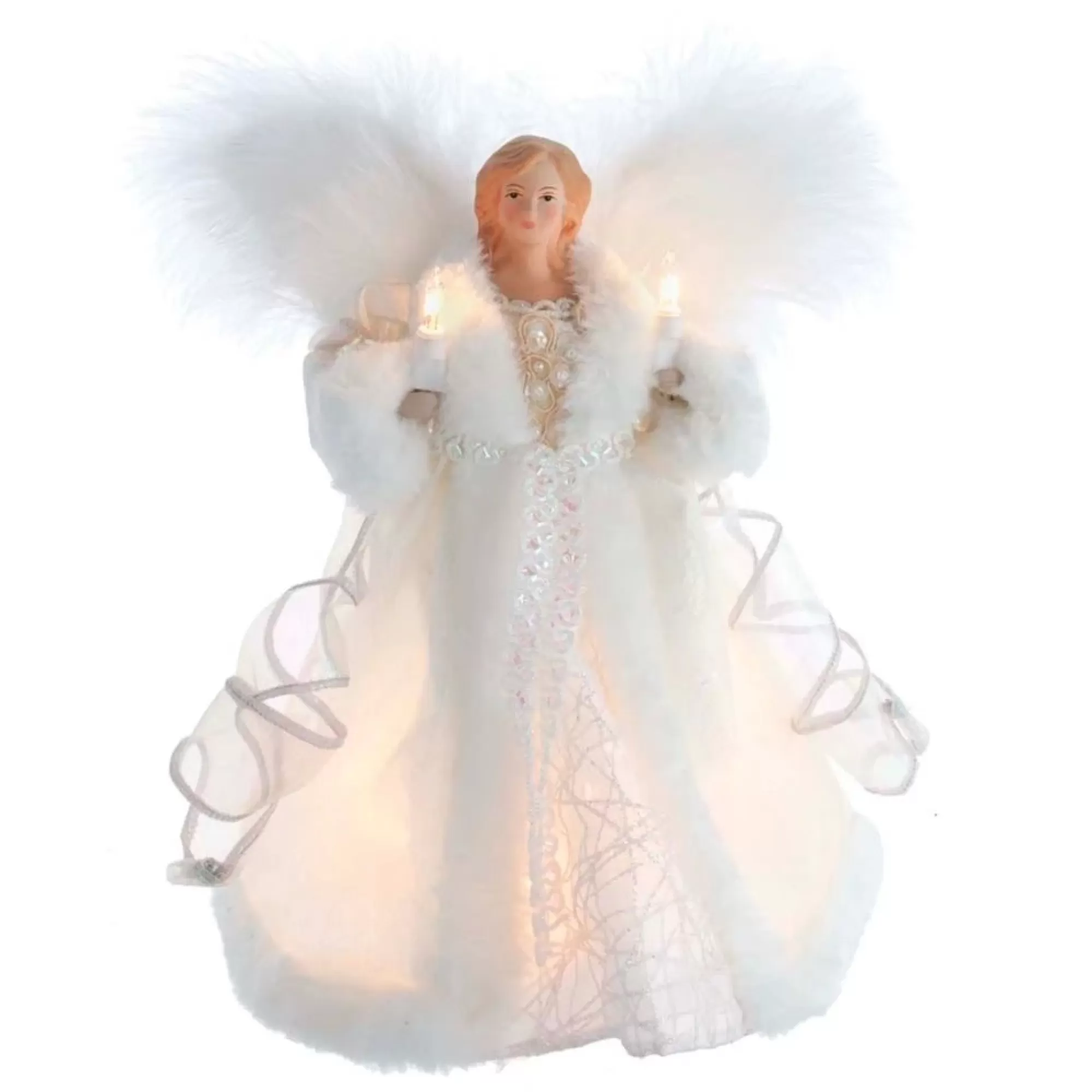 KSA Angels-10.5" Lighted White Angel Christmas Tree Topper, Clear Lights