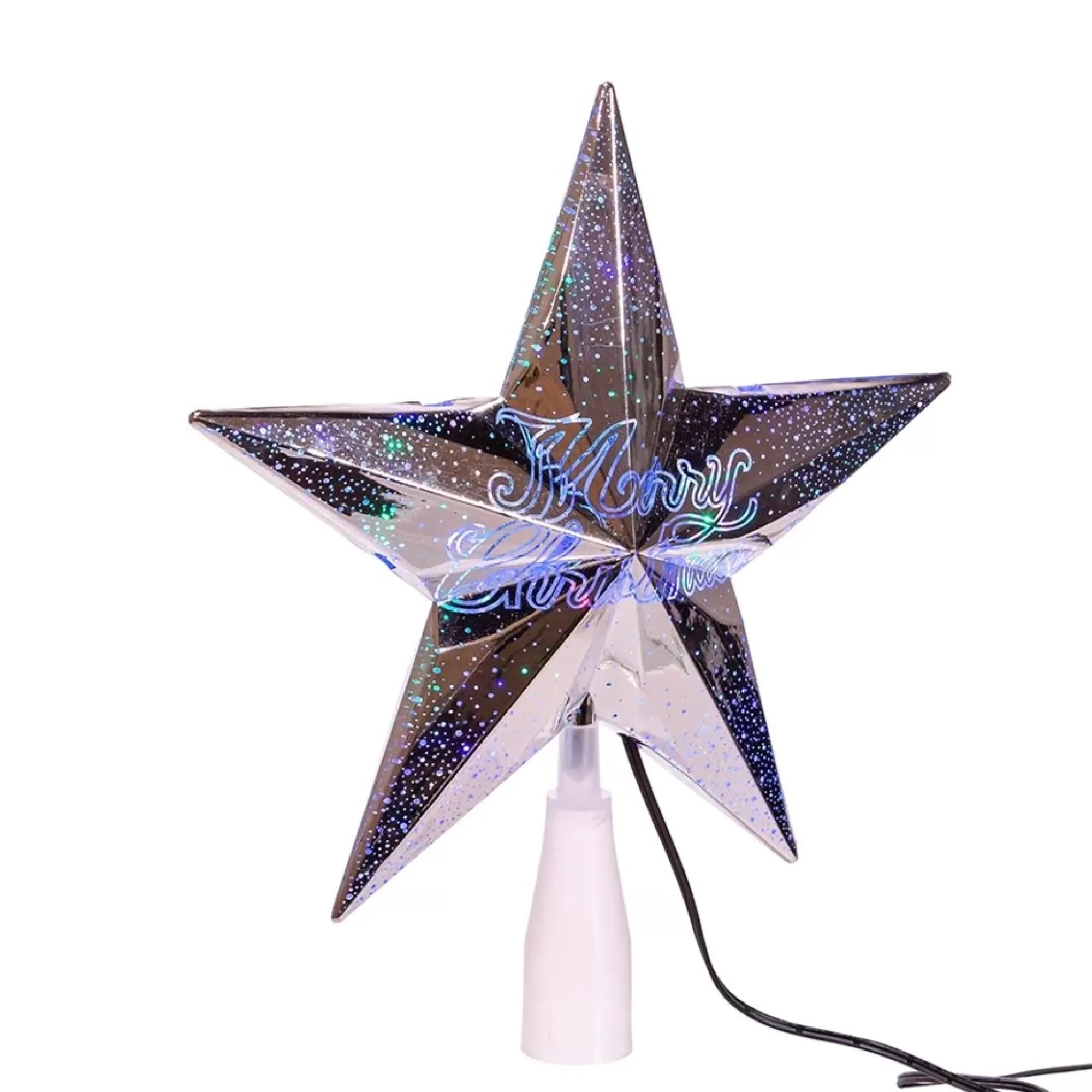 KSA Stars-11.25" Lighted Silver Star Christmas Tree Topper, Clear Lights