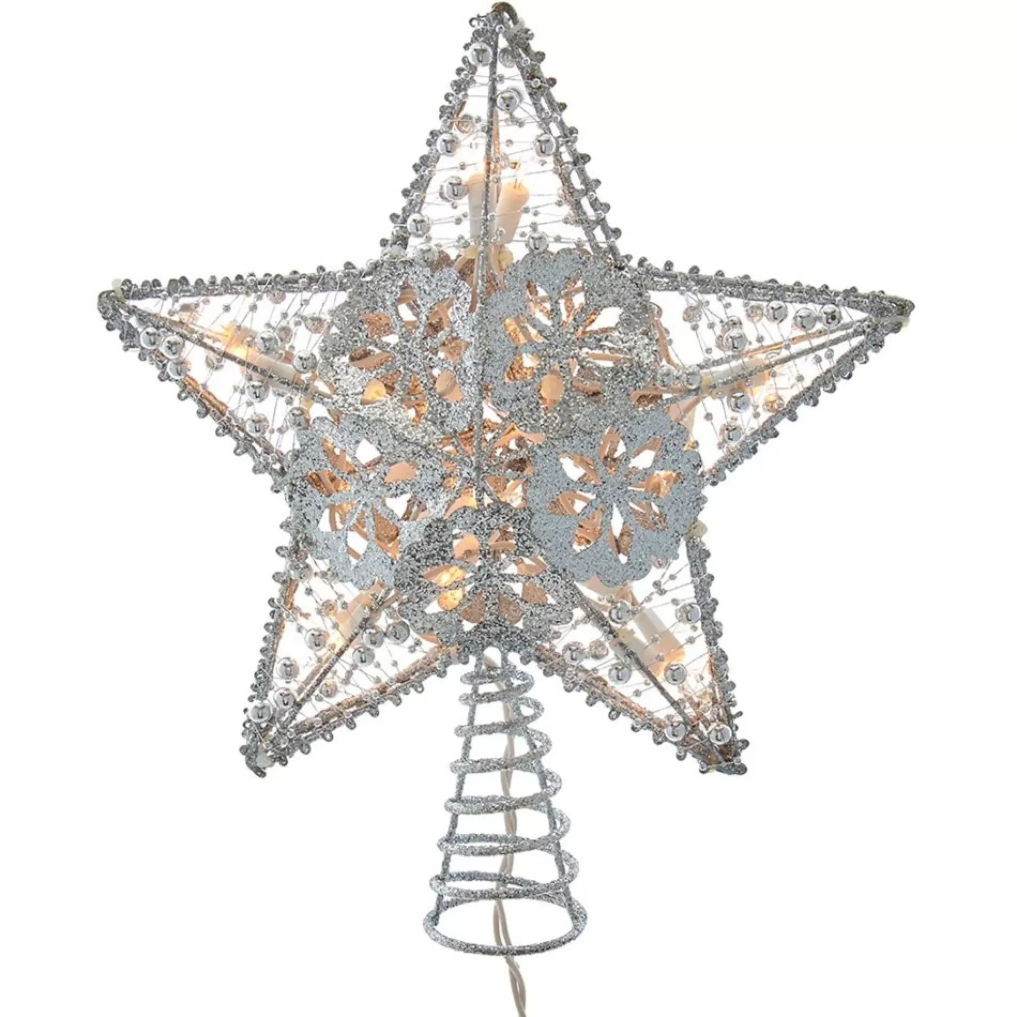 KSA Stars-11" Lighted Silver Star Christmas Tree Topper, Clear Lights