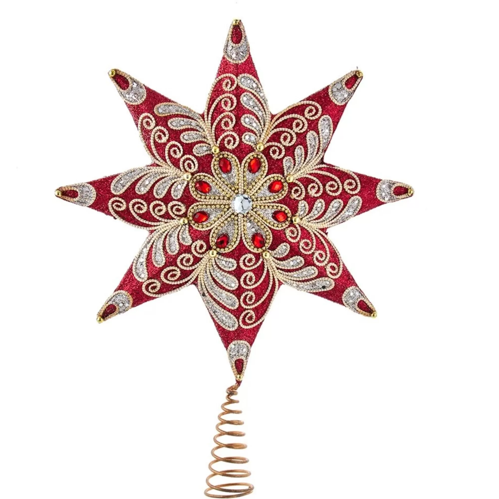 KSA Stars-16.75" Red And Platinum Star Christmas Tree Topper, Unlit