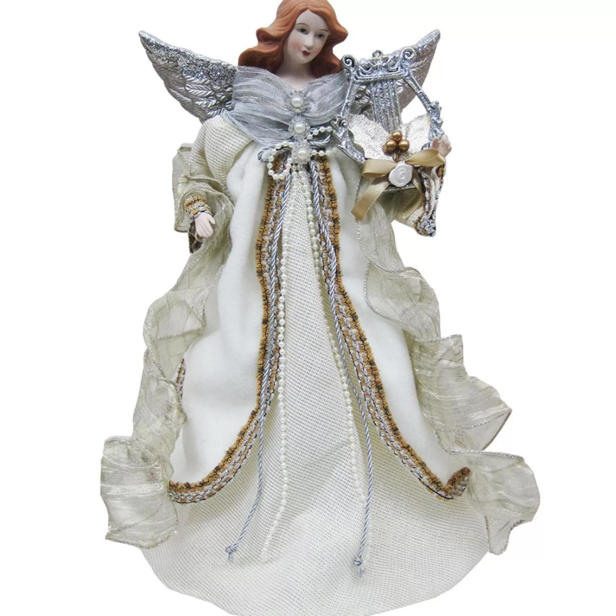 CC Christmas Decor Angels-16"Angel With Harp Christmas Tree Topper, Unlit