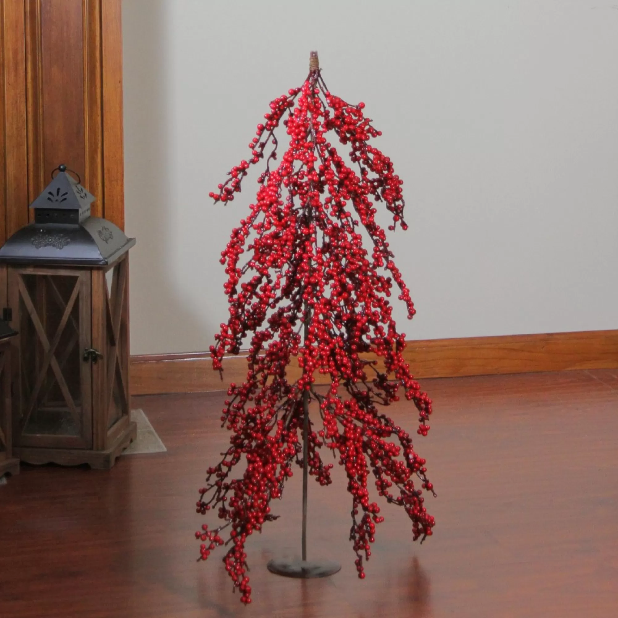 Northlight Upside Down-2.5' Red Berries Artificial Upside Down Christmas Tree - Unlit