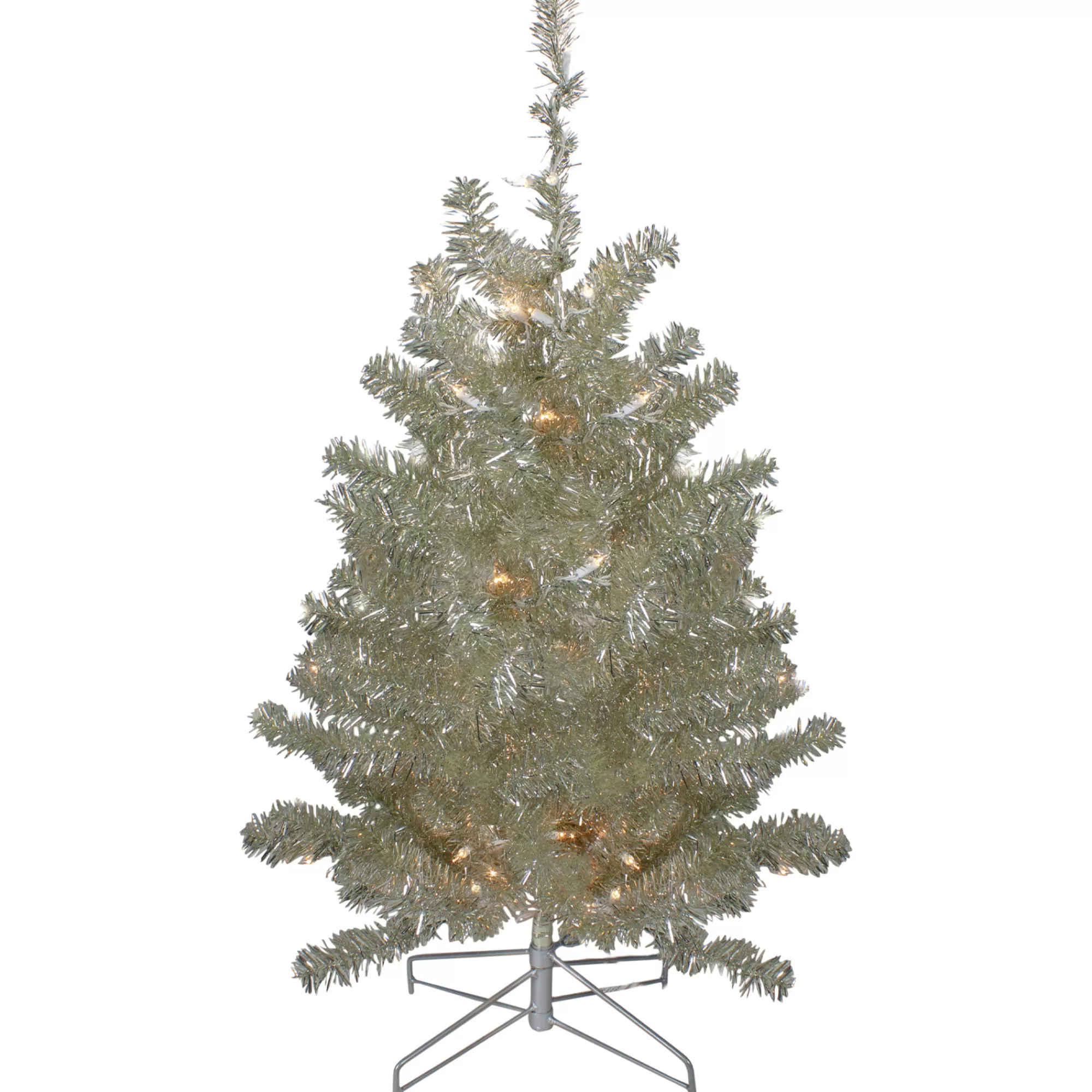 Northlight 3' Metallic Platinum Artificial Tinsel Christmas Tree - Clear Lights< Pre-Lit