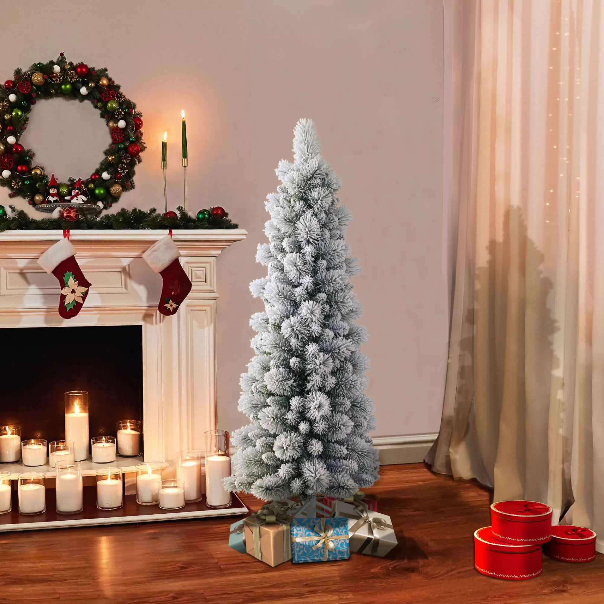 CC Christmas Decor 4.5' Pre-Lit Pencil Green Flocked Artificial Christmas Tree, Unlit< Flocked