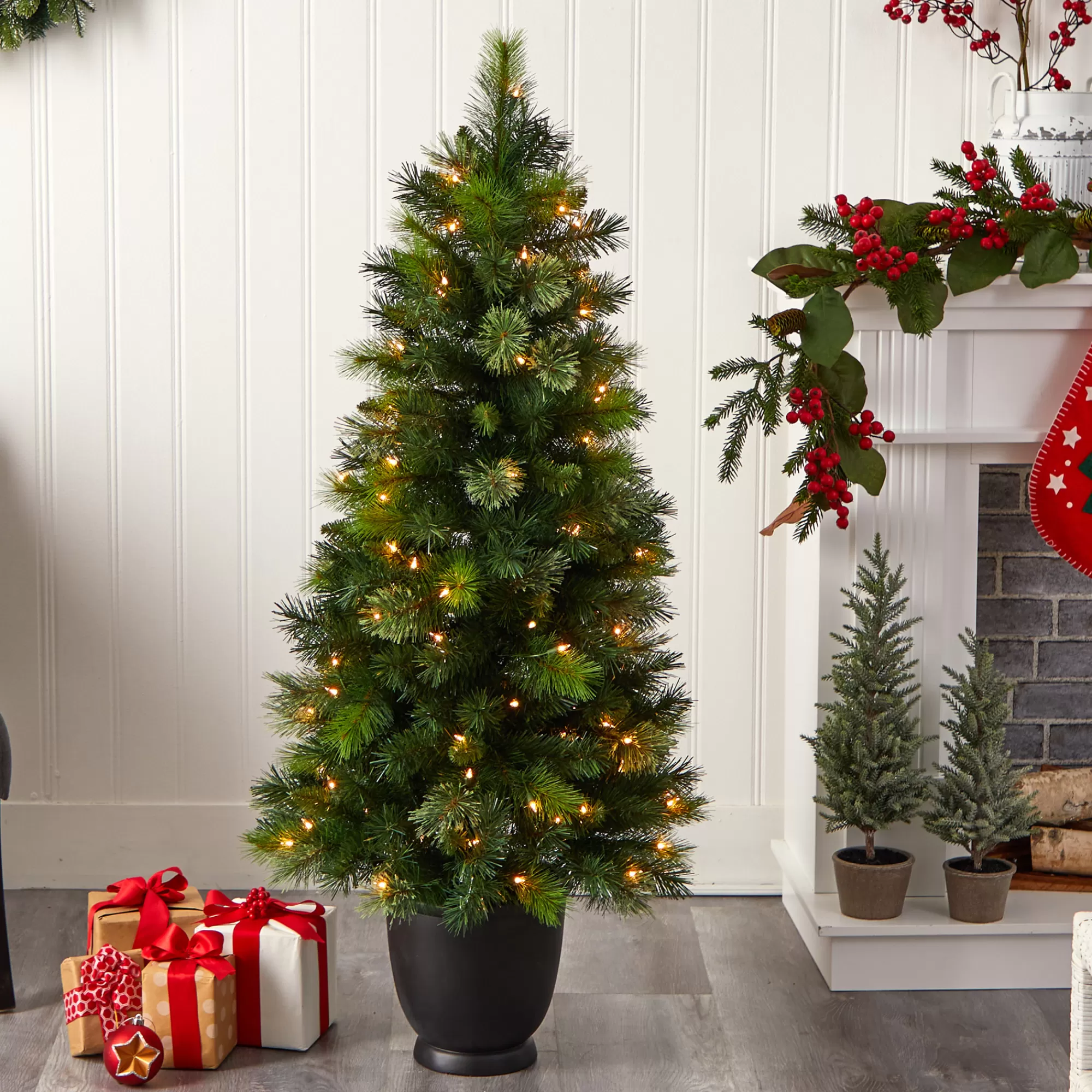 Nearly Natural 4.5' Pre-Lit Potted Artificial Christmas Tree, Clear Lights< Potted