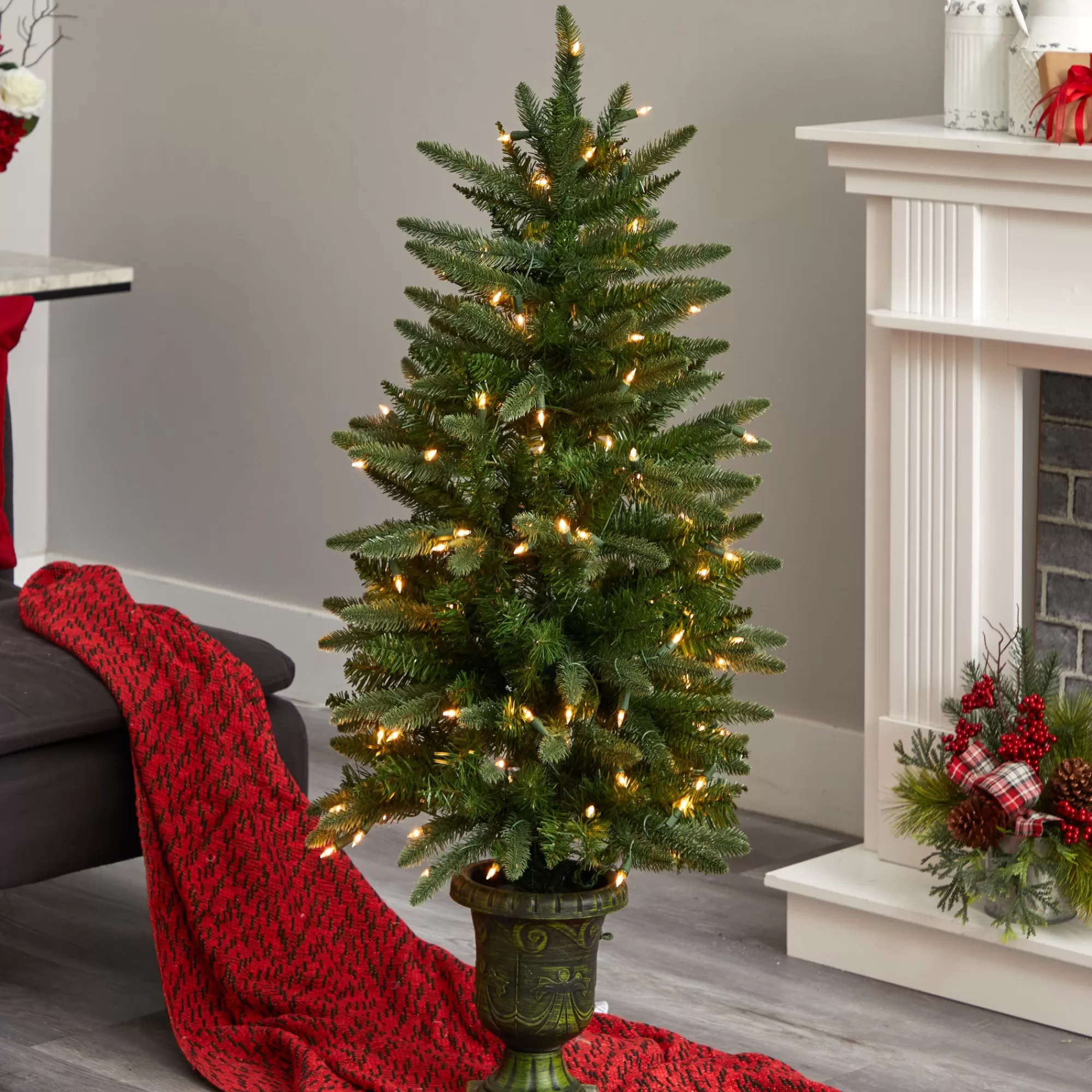 Nearly Natural 4' Pre-Lit Artificial Christmas Tree With Urn, Clear Lights< Pre-Lit