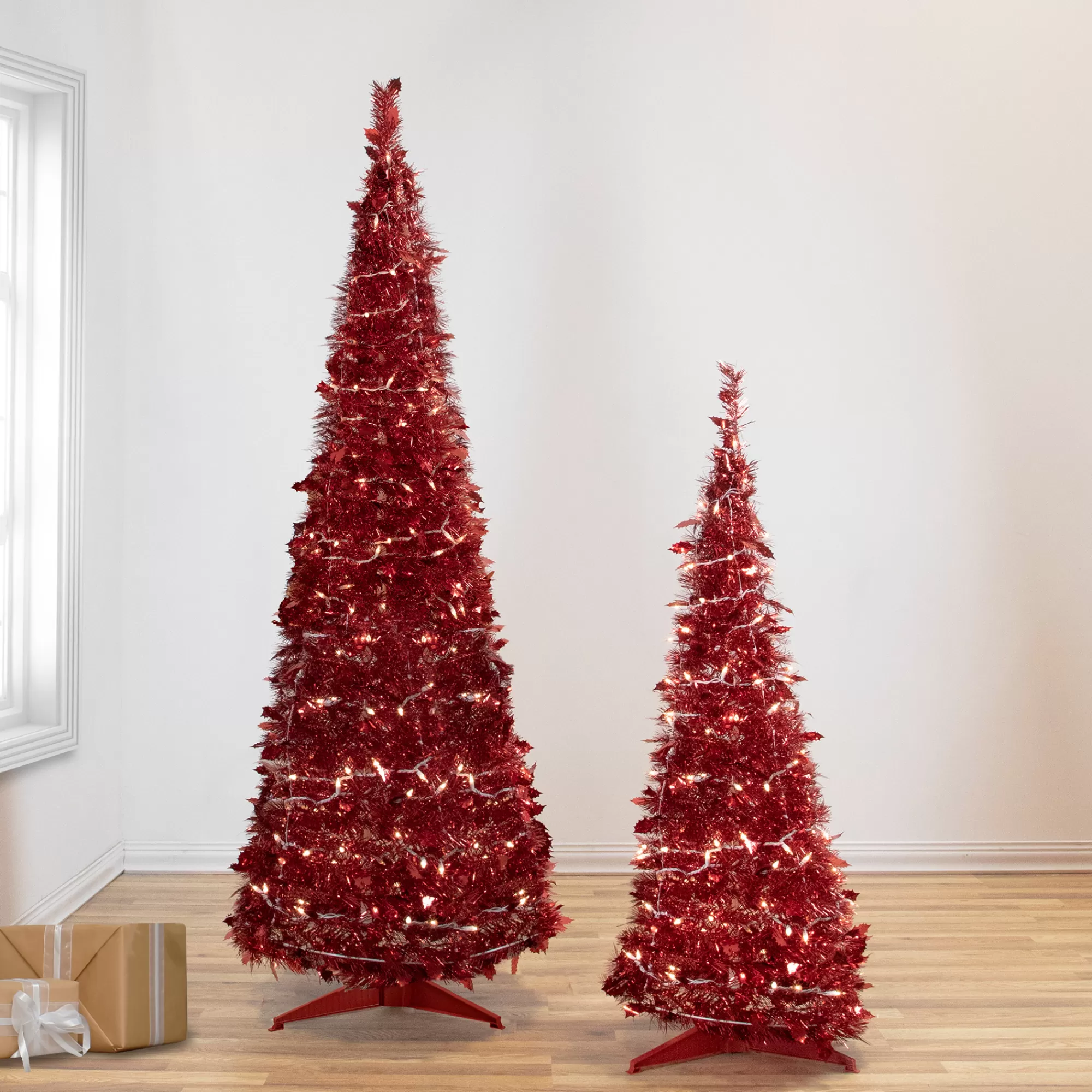 Northlight 4' Pre-Lit Red Pop-Up Tinsel Christmas Tree, Clear Lights< Pop Up