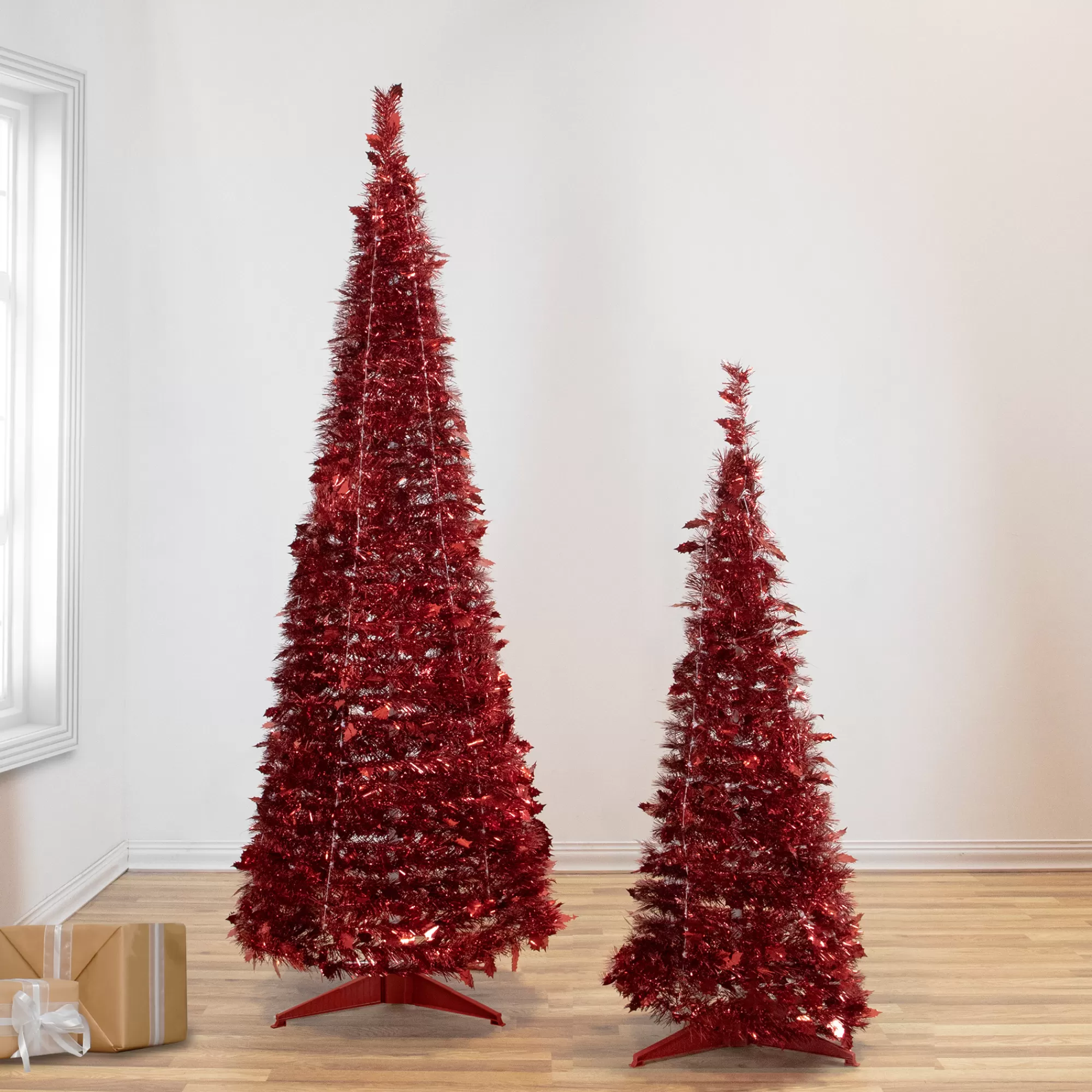 Northlight 4' Red Tinsel Pop-Up Artificial Christmas Tree, Unlit< Pop Up