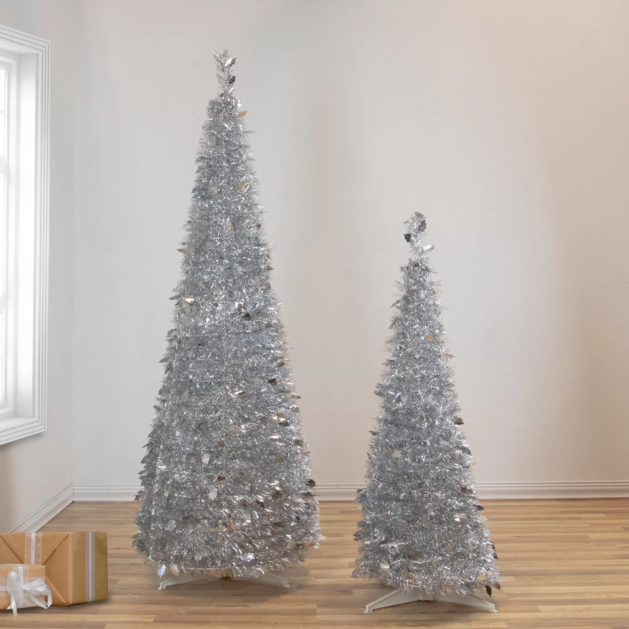 Northlight 4' Silver Tinsel Pop-Up Artificial Christmas Tree, Unlit< Pop Up