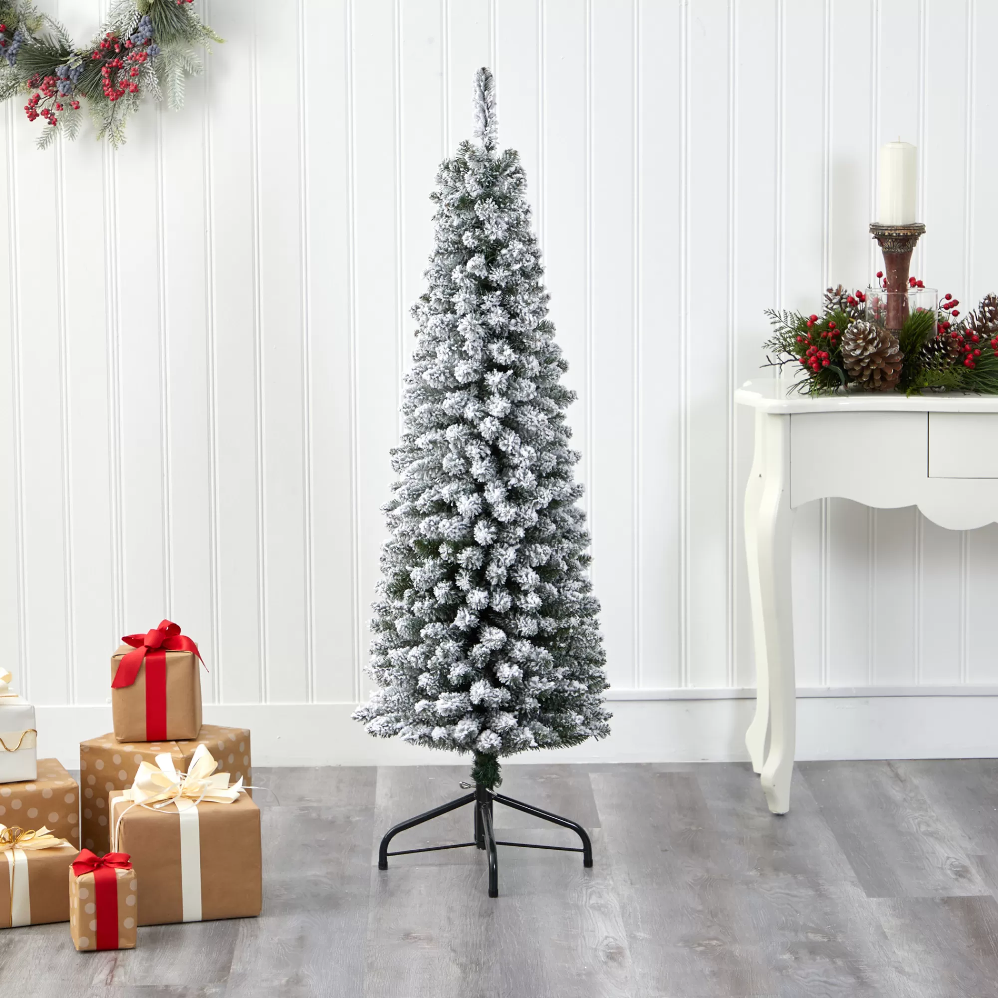 Nearly Natural 5' Pencil Flocked Artificial Christmas Tree, Unlit< Flocked