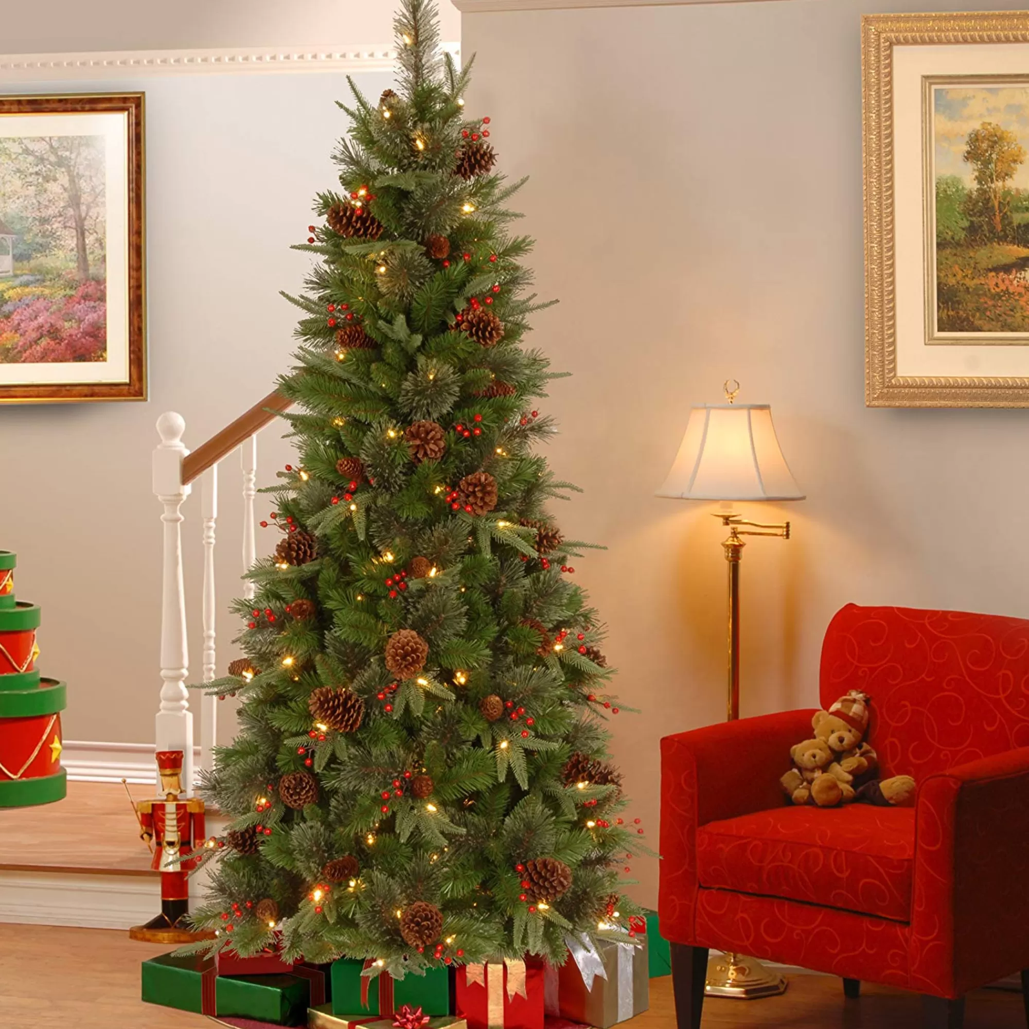 Christmas Central 7.5' Pre-Lit Colonial Slim Artificial Christmas Tree, Clear Lights< Pre-Lit