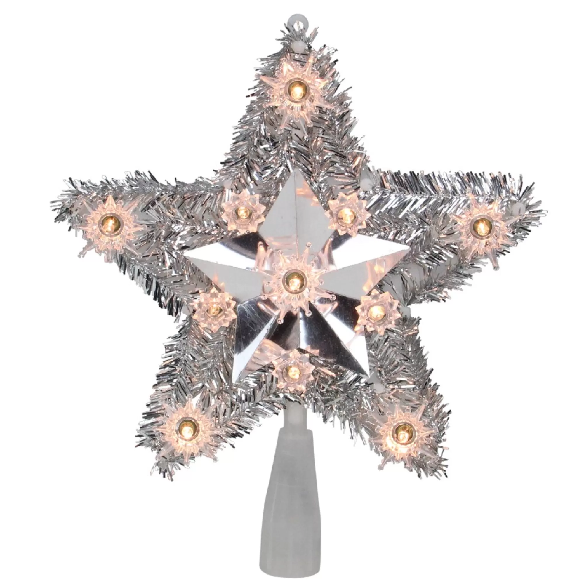 Northlight Stars-9" Silver Tinsel Star Christmas Tree Topper - Clear Lights