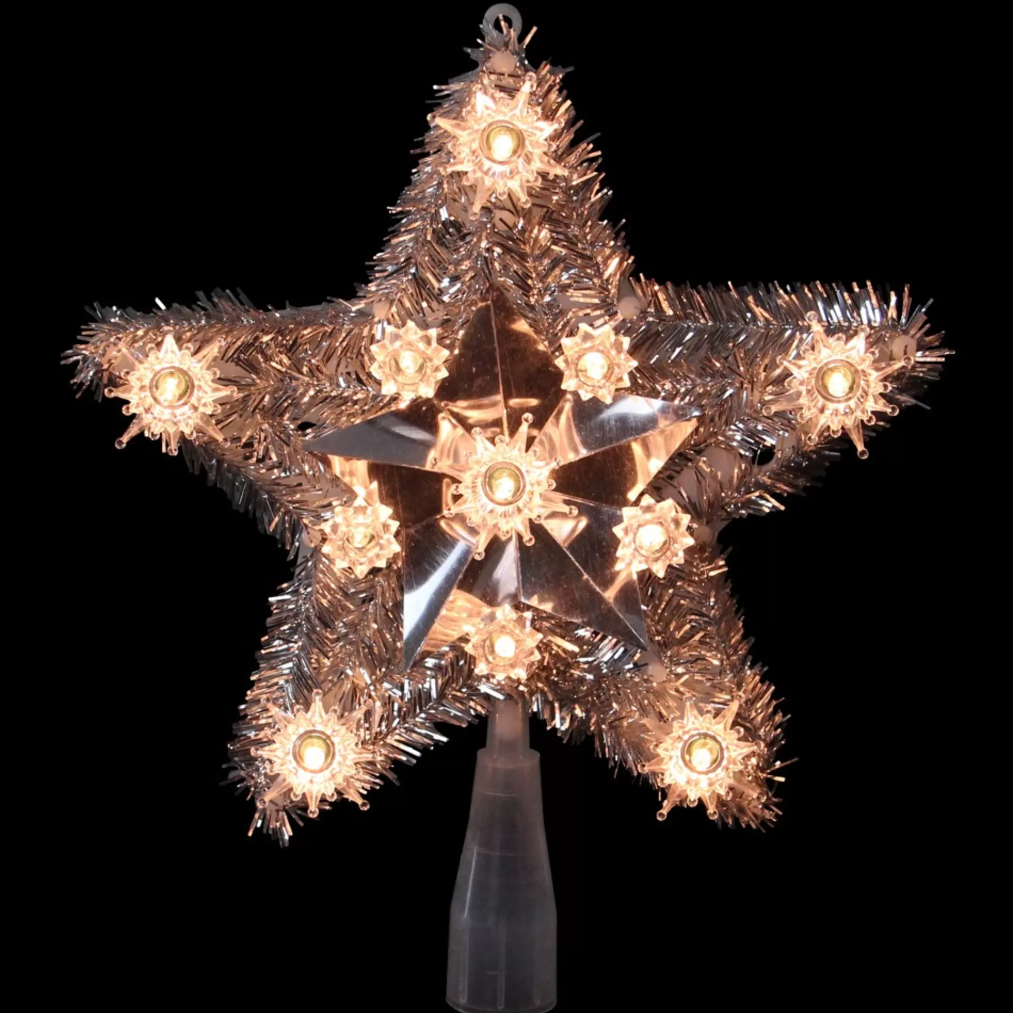 Northlight Stars-9" Silver Tinsel Star Christmas Tree Topper - Clear Lights