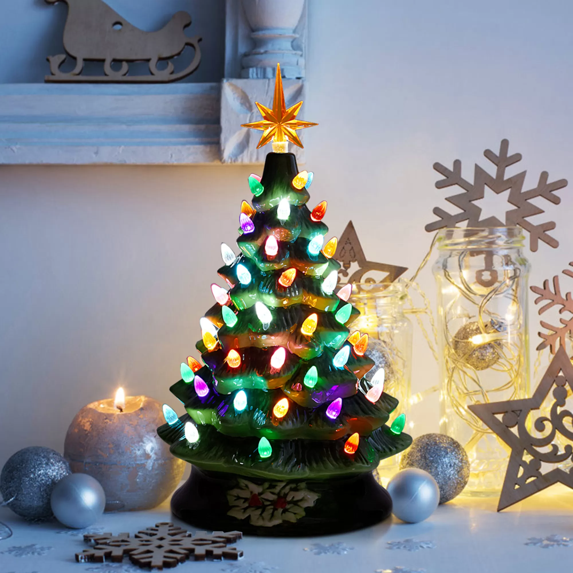 Costway 15''Pre-Lit Hand-Painted Ceramic Tabletop Christmas Tree< Pre-Lit