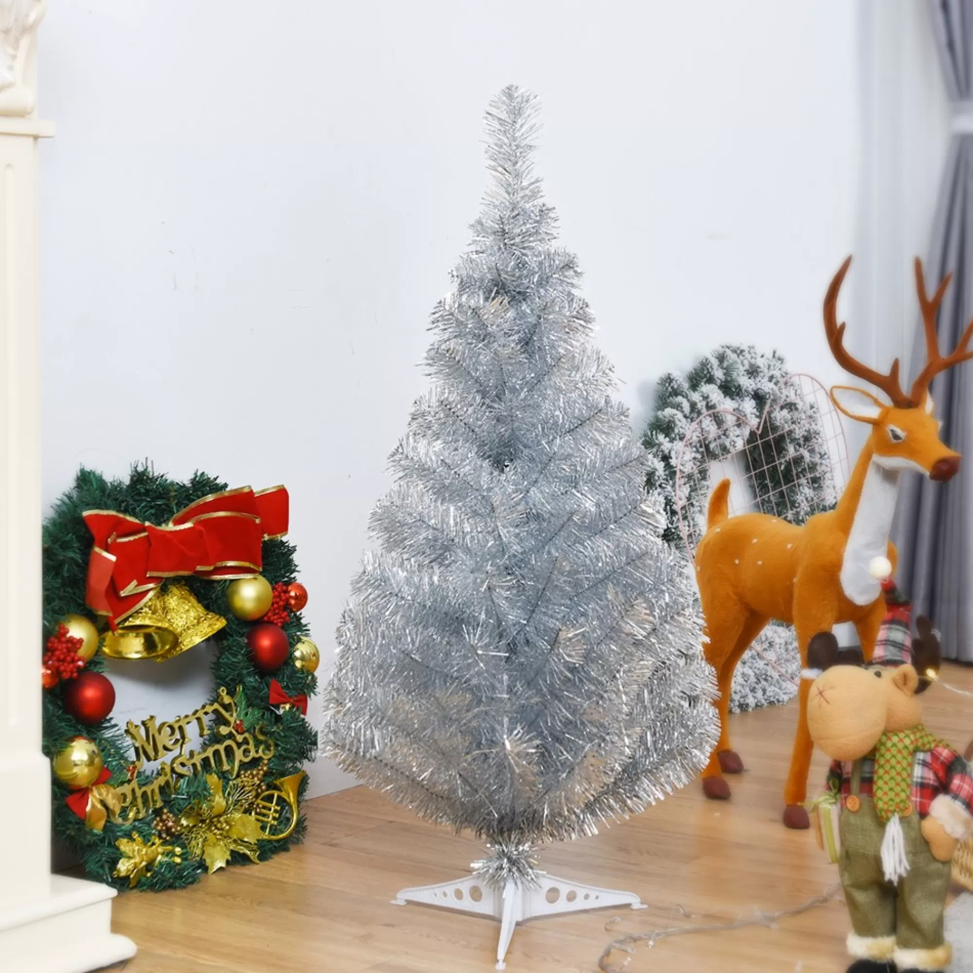 Costway Unlit- 3Ft Silver Tinsel Christmas Tree Unlit Artificial Plastic